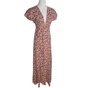 Pampelone Red Floral Maxi Dress XS Handmade Indonesia Boho Riviera Deep V Empire